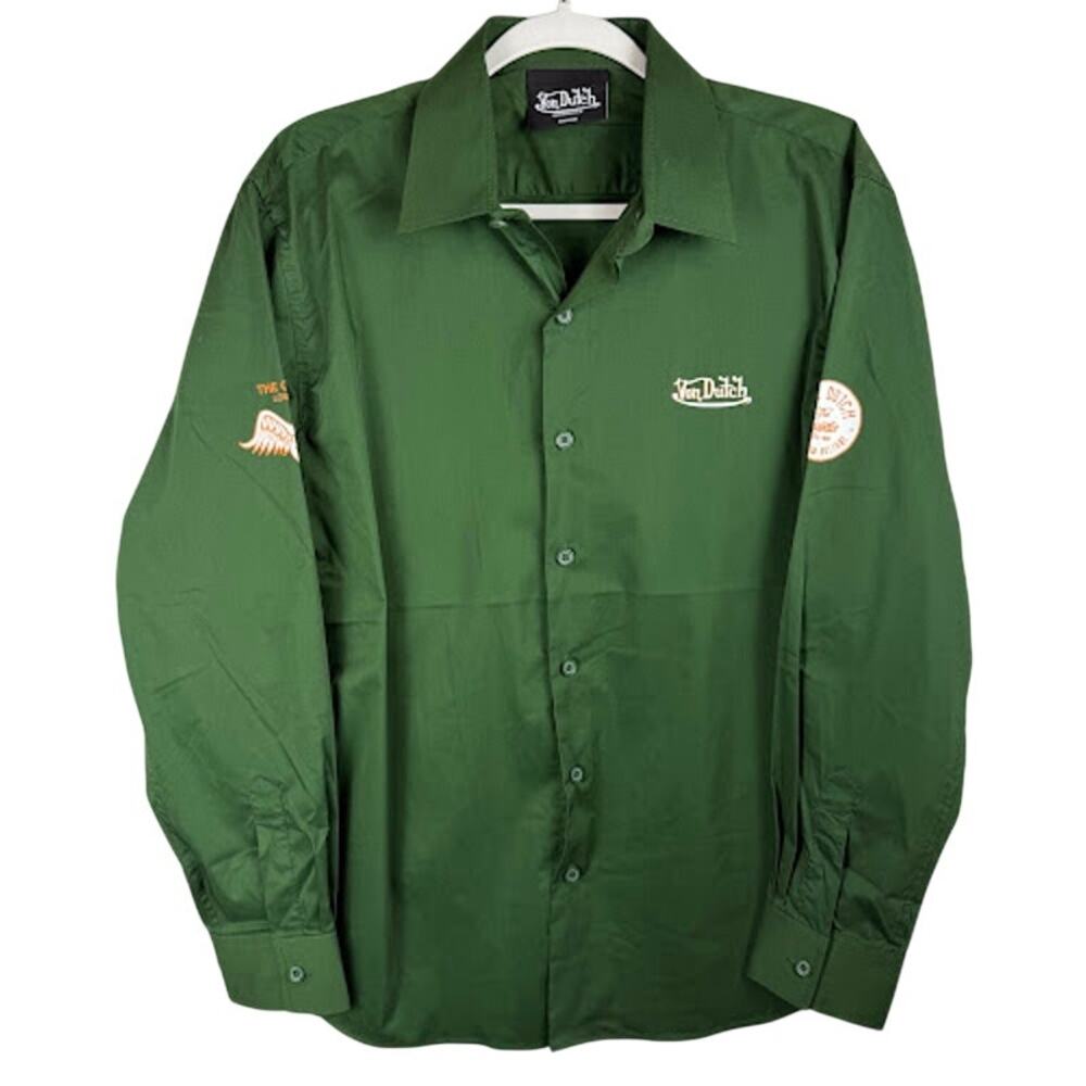 Von Dutch Originals Green Logo Graphic Button Up Shirt M Stretch NWOT $80 MSRP